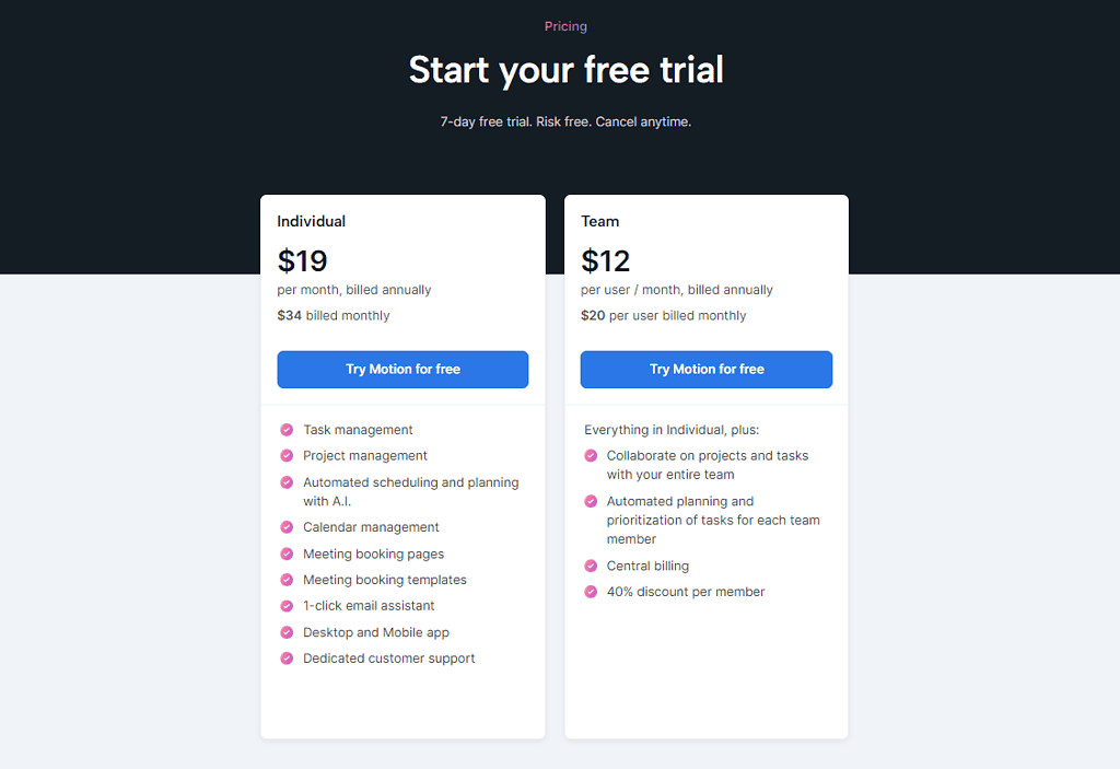 Motion offers $19 per month, billed annually.