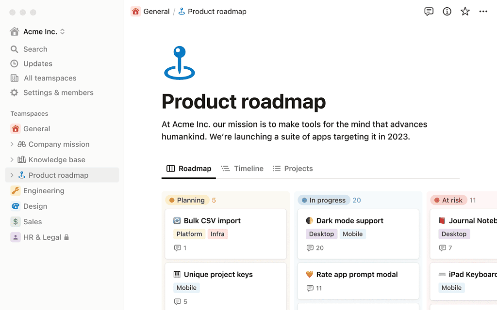 Product roadmap from the Notion app
